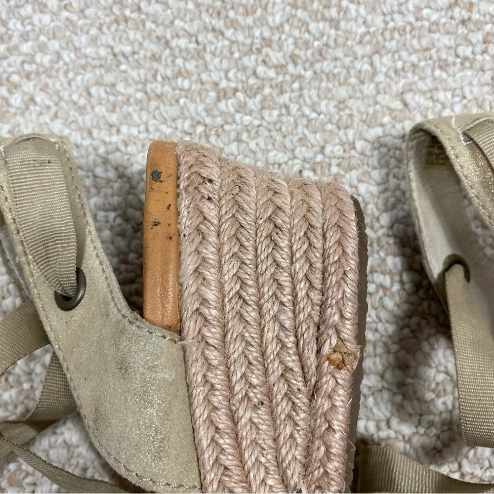 Ugg Tan and Gold Ankle Ribbon Espadrille Wedges